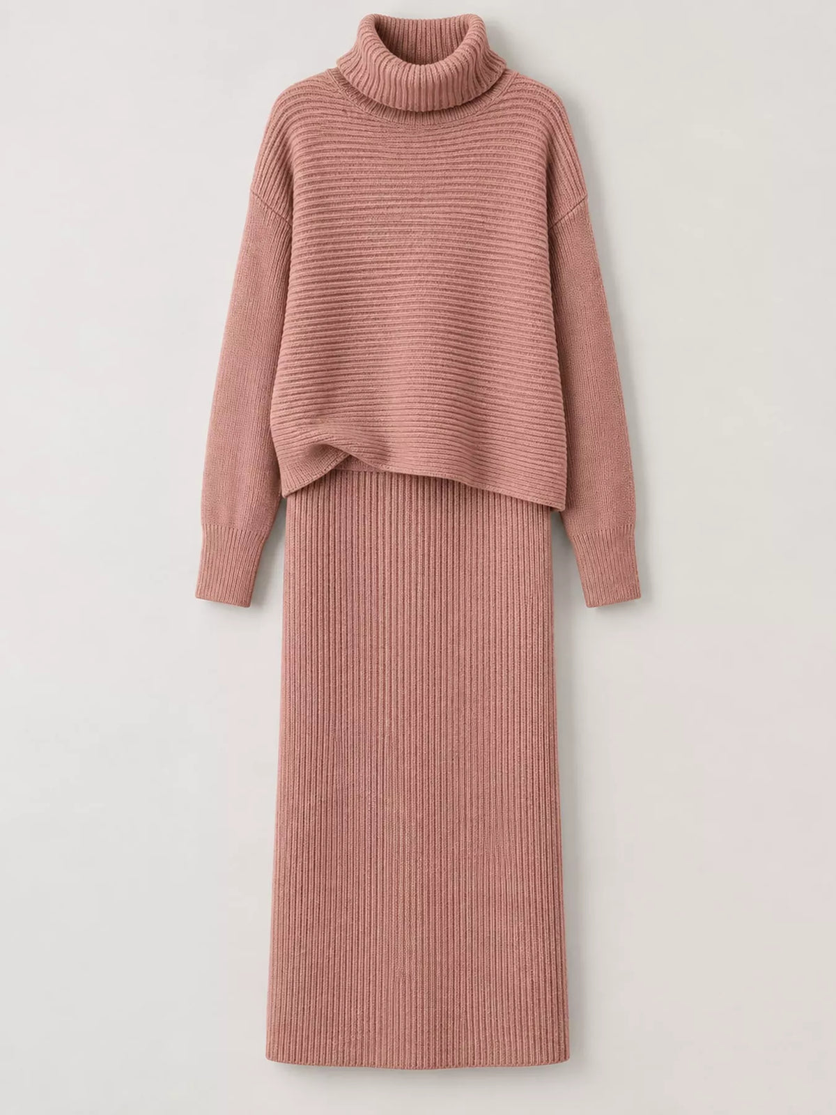 Ribbed Turtleneck Sweater Set with Matching Midi Skirt