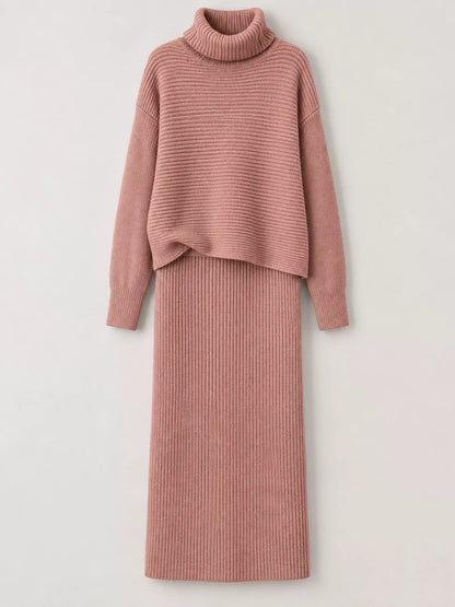 Ribbed Turtleneck Sweater Set with Matching Midi Skirt