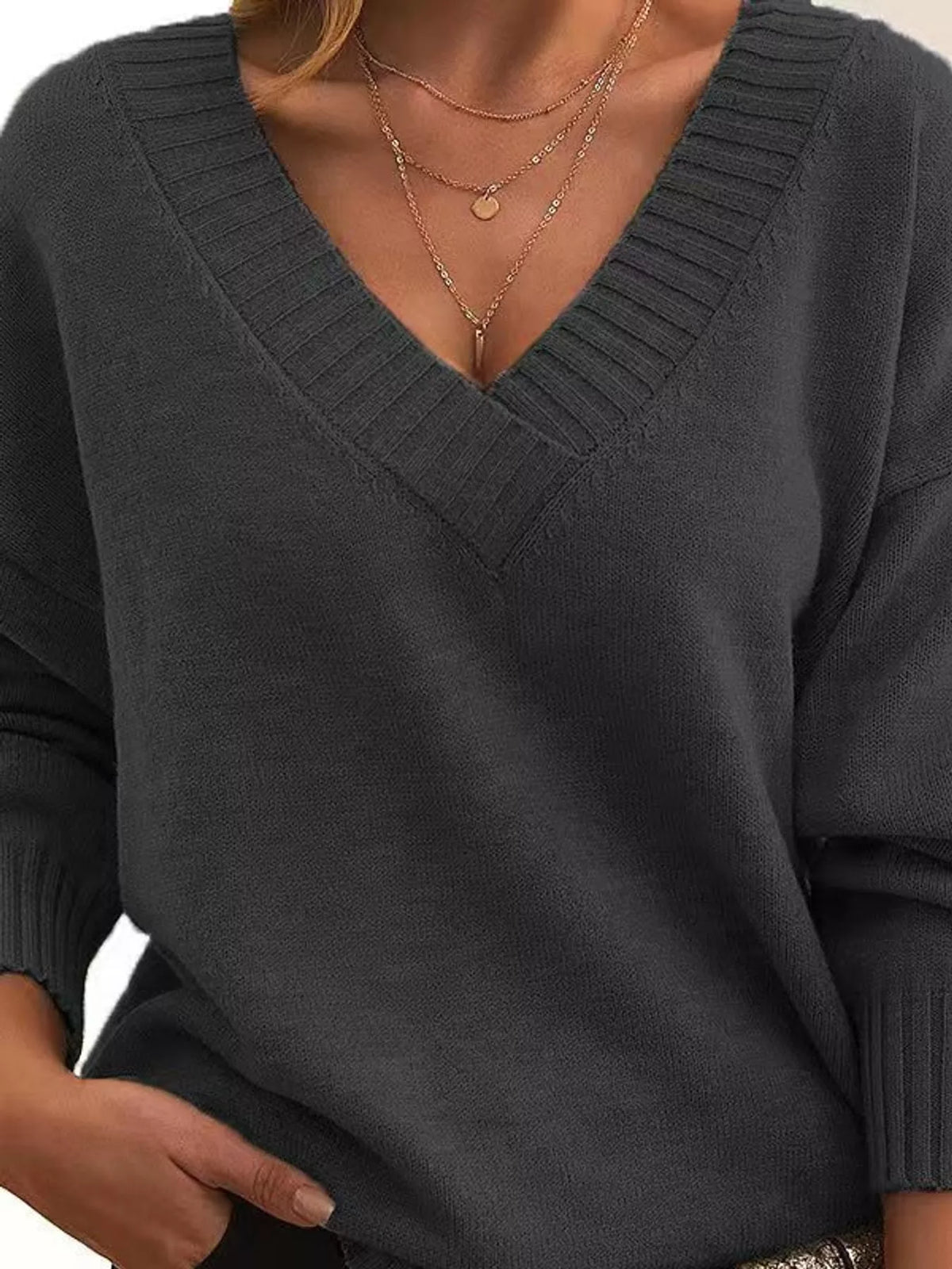 Full Size V-Neck Dropped Shoulder Sweater Plus Size