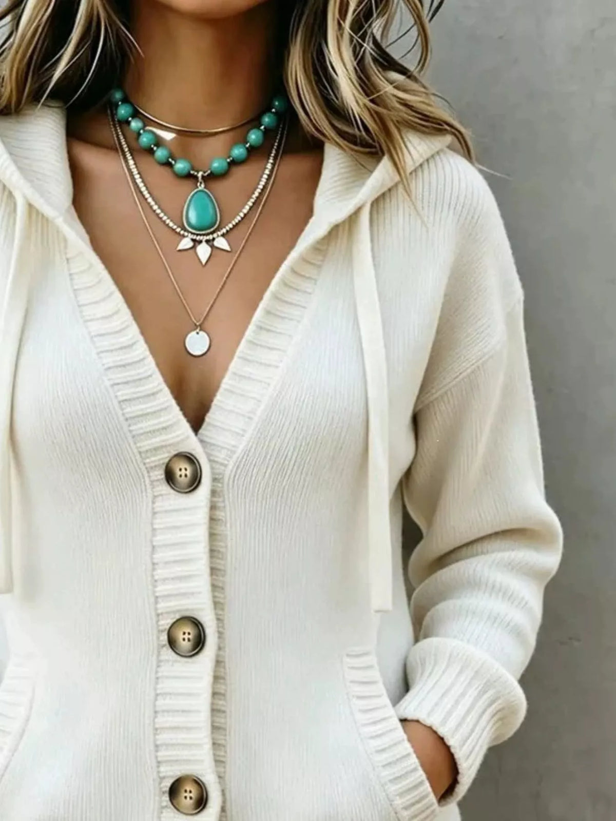 Hooded Button-Down Knit Cardigan