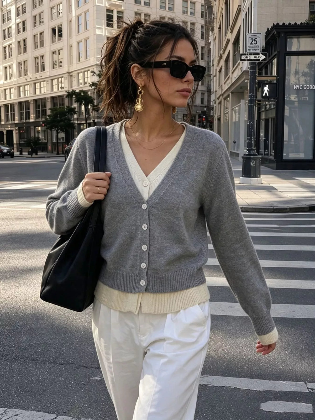V-Neck Button-Down Contrast Layered Cardigan