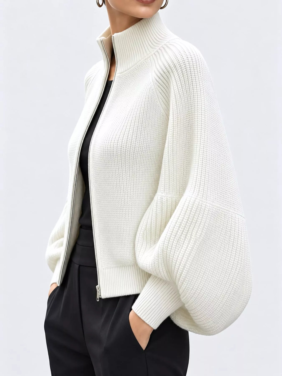 Full Size Elegant Ribbed Knit Zip-Up Cardigan with Lantern Sleeves Plus Size