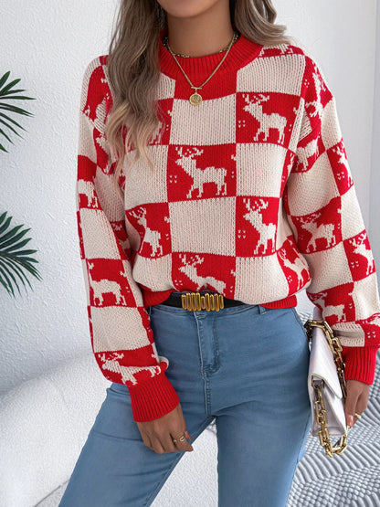 Reindeer Checkerboard Pattern Pullover Sweater