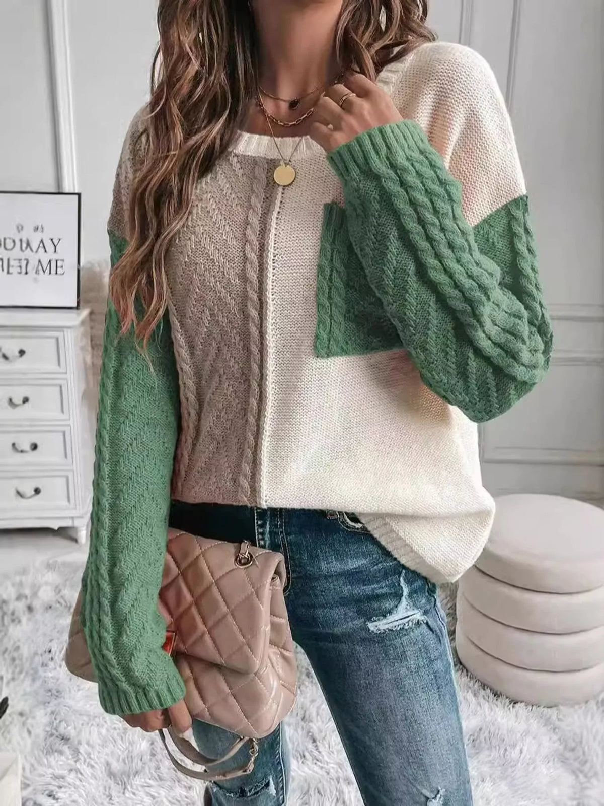 Color Block Cable Knit Sweater