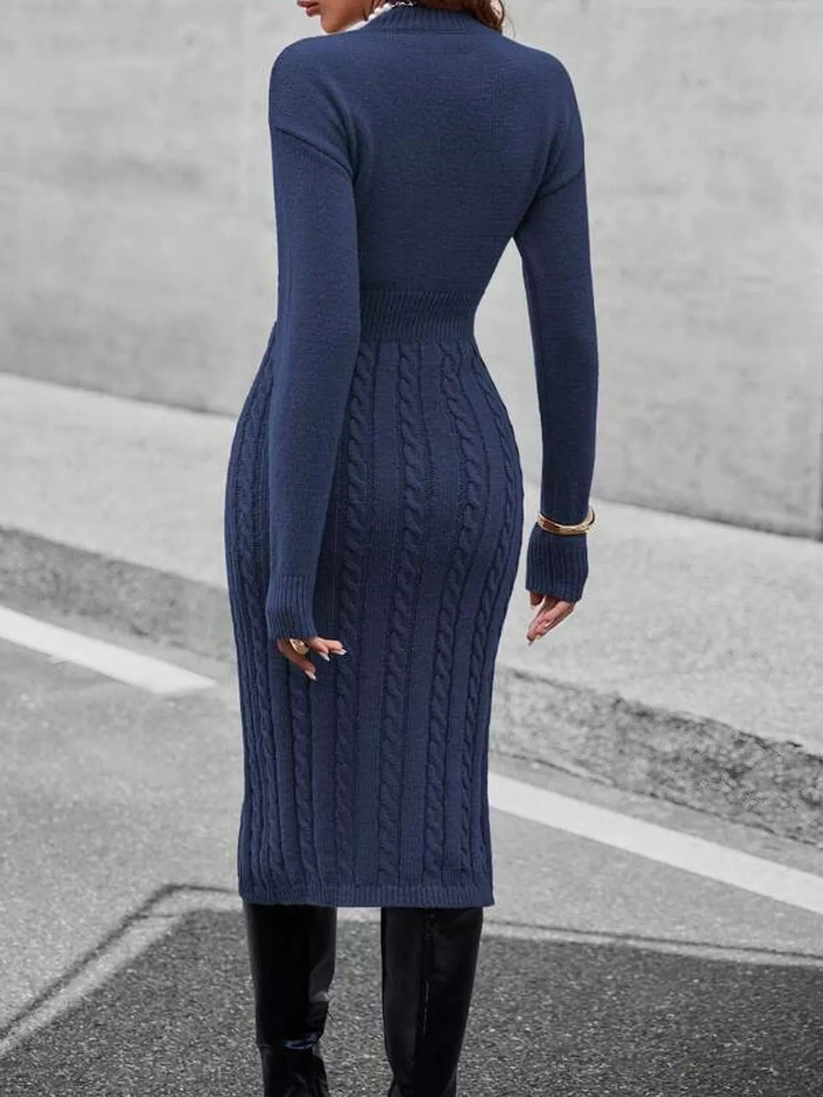 Full Size Mock Neck Cable Knit Sweater Dress with Front Slit Plus Size