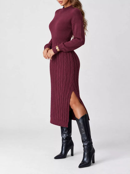 Full Size Mock Neck Cable Knit Sweater Dress with Front Slit Plus Size