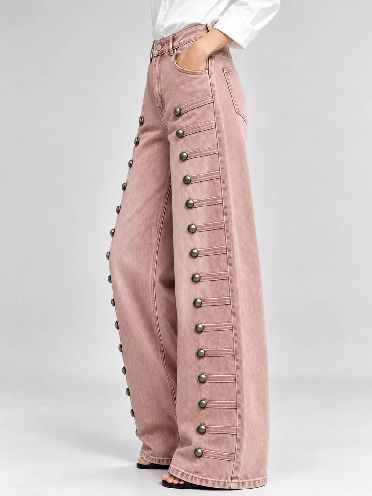 Decorative Button Wide-Leg Jeans