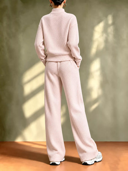 Waffle Knit Button-Up Outerwear and Wide-Leg Pants Set