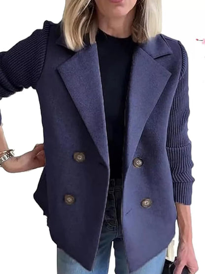Full Size Double-Breasted Hybrid Blazer with Ribbed Knit Sleeves Plus Size