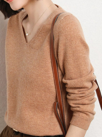 Elegant V-Neck Long Sleeve Soft Knit Top