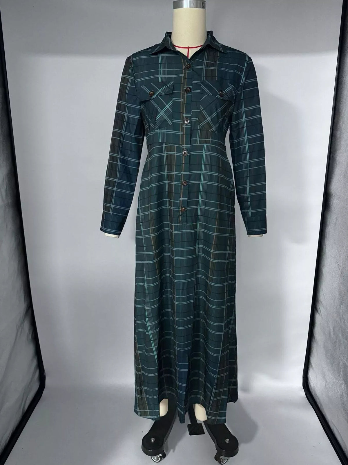 Vintage Plaid Button-Down Maxi Shirt Dress