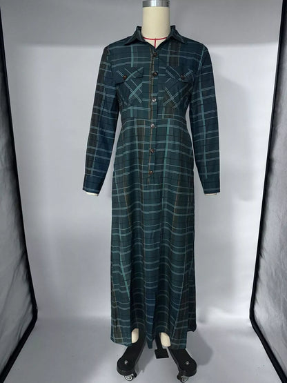 Vintage Plaid Button-Down Maxi Shirt Dress