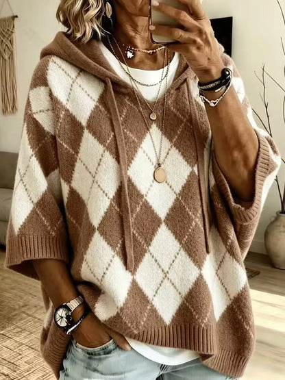 Full Size Argyle Pattern Hooded Sweater Plus Size