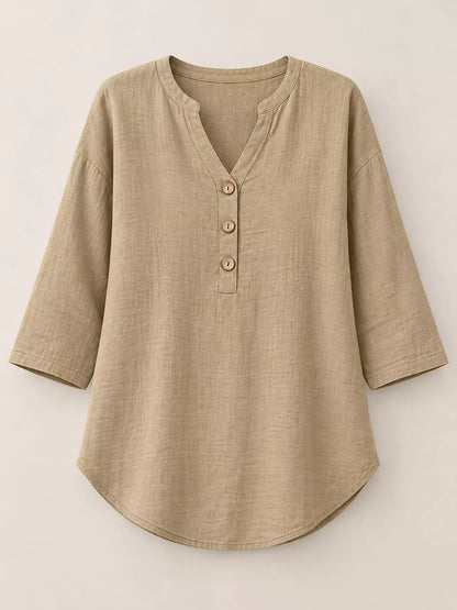 Full Size Button Detail Notched 3/4 Sleeve Blouse Plus Size