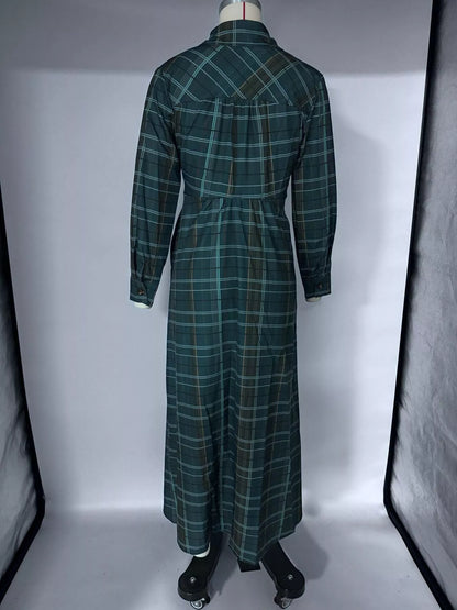 Vintage Plaid Button-Down Maxi Shirt Dress