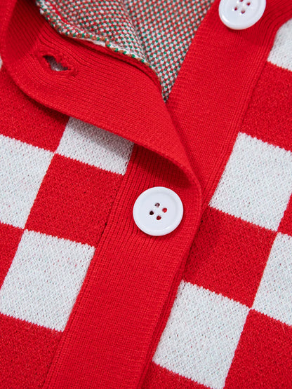 Christmas Tree Pattern Checkered Button V Neck Cardigan