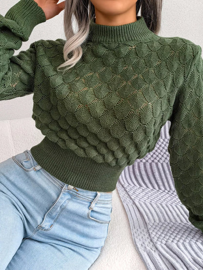 Mock Neck Textured Cropped Sweater