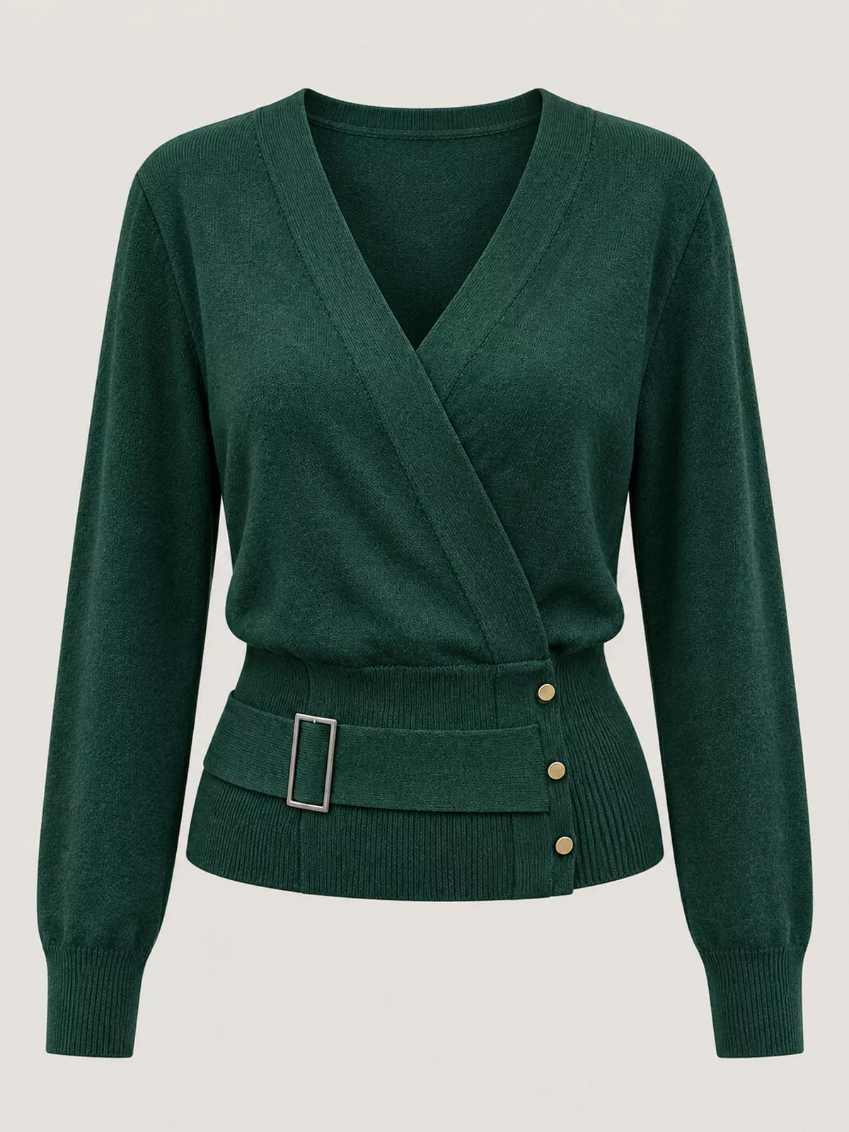 Surplice Elastic Waist Long Sleeve Knit Top