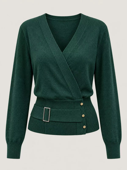 Surplice Elastic Waist Long Sleeve Knit Top