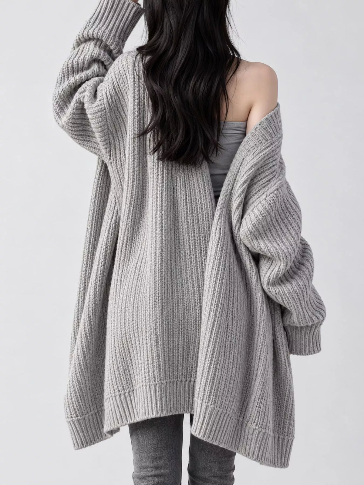 Full Size Chunky Knit Openwork Front Longline Cardigan Plus Size