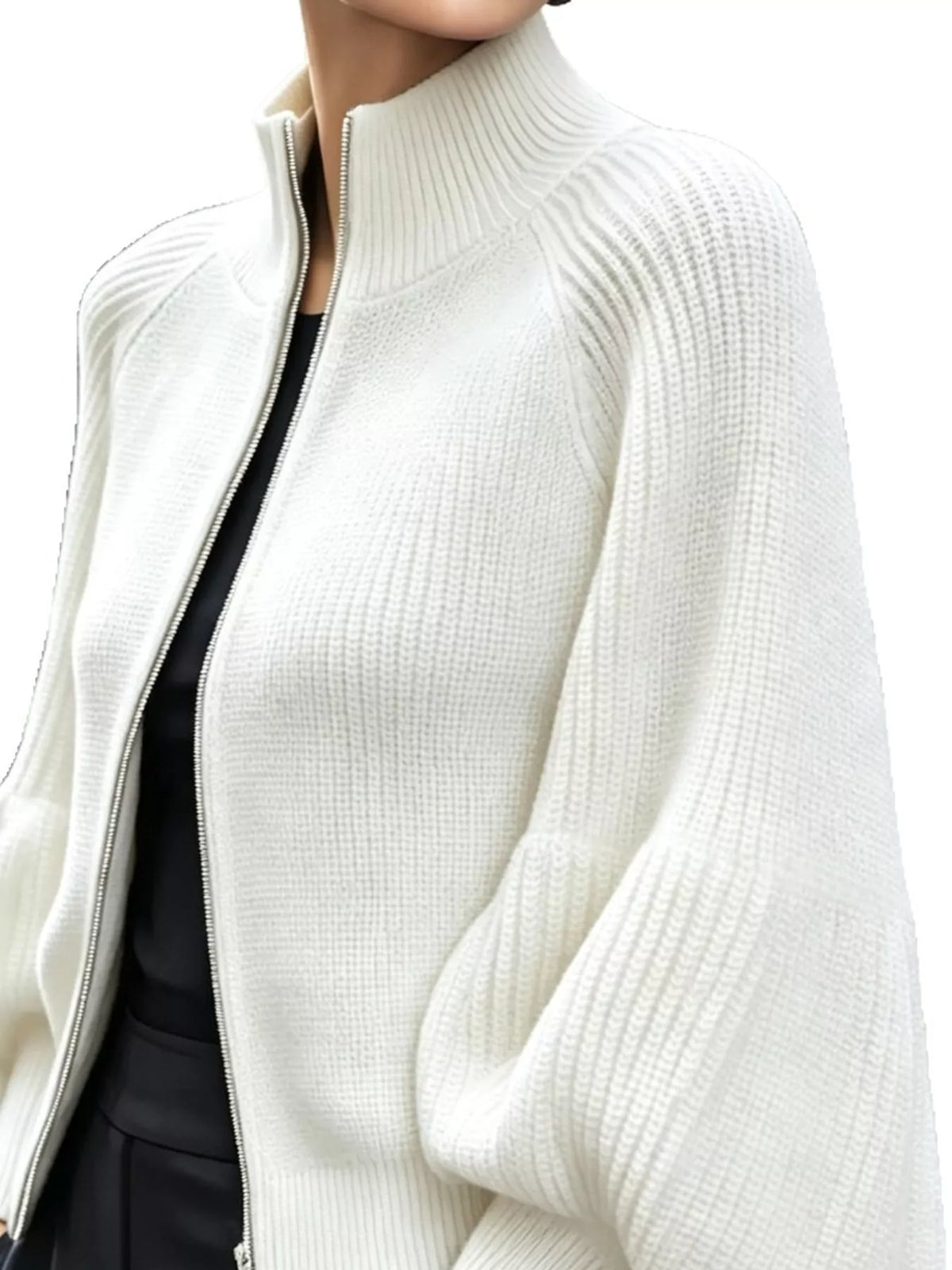 Full Size Elegant Ribbed Knit Zip-Up Cardigan with Lantern Sleeves Plus Size