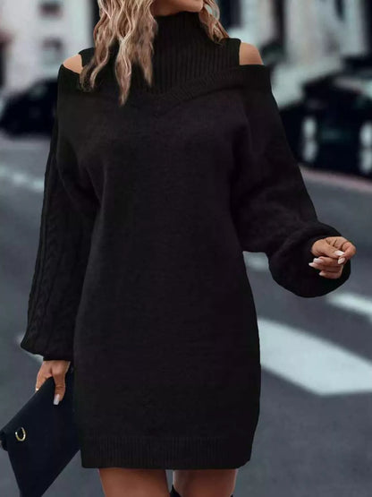 Cold Shoulder Cable Knit Mock Neck Sweater Dress