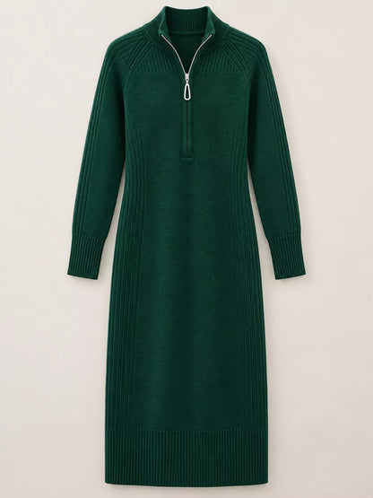 Half-Zip Ribbed Knit Sweater Dress