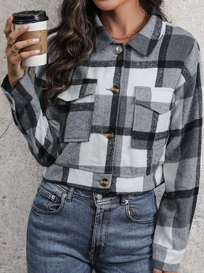 Plaid Button-Up Cropped Jacket