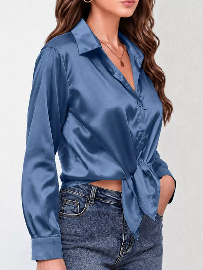 Satin Button-Down Long Sleeve Shirt