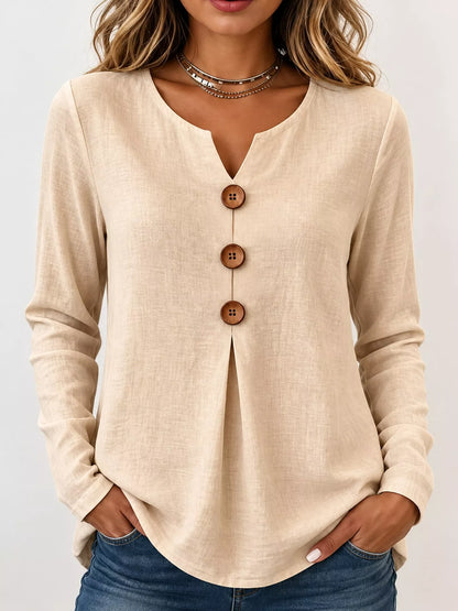 Full Size Long Sleeve Blouse with Decorative Wooden Buttons Plus Size