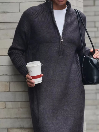 Half-Zip Ribbed Knit Sweater Dress
