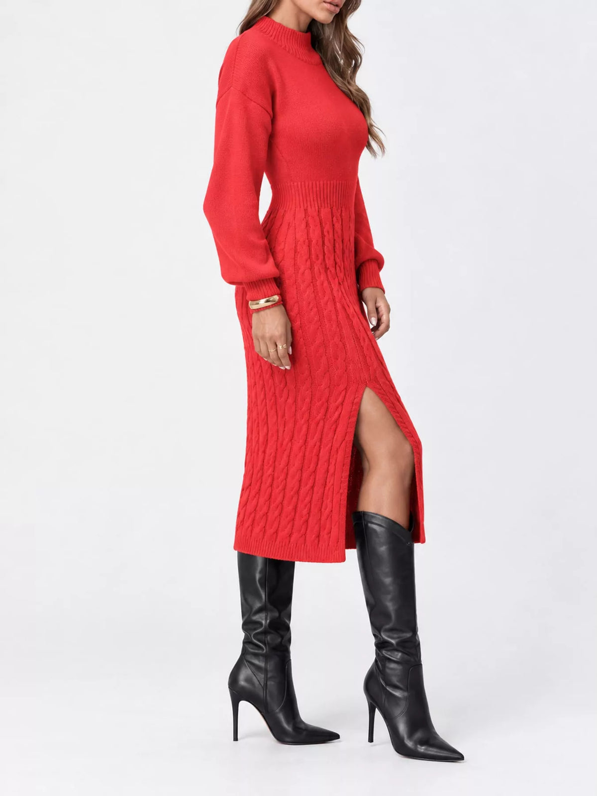 Full Size Mock Neck Cable Knit Sweater Dress with Front Slit Plus Size