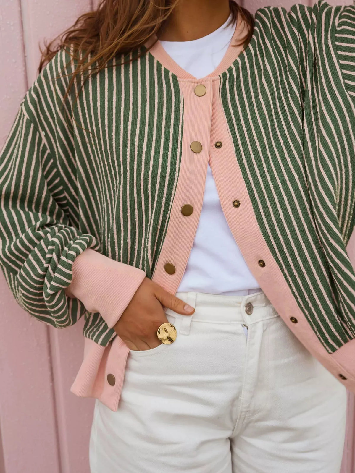 Striped V Neck Patchwork Long Sleeve Regular Fit Cardigan