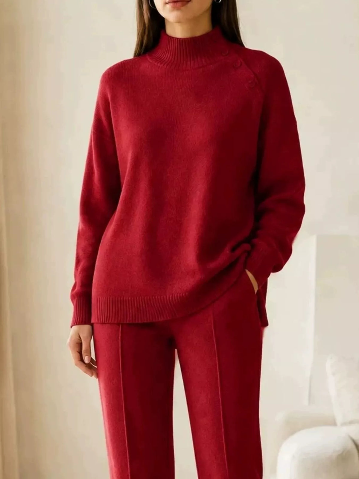 Mock Neck Button-Detail Sweater and Pants Set