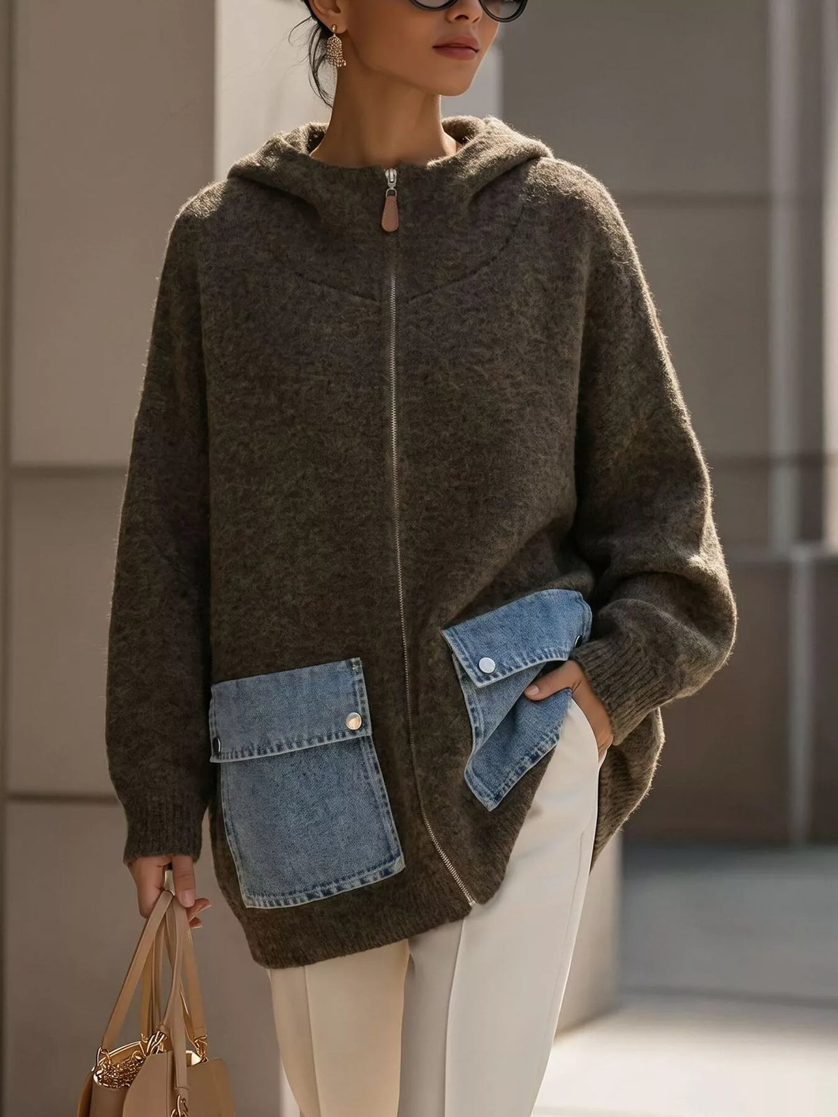 Contrast Denim Pockets Hooded Cardigan