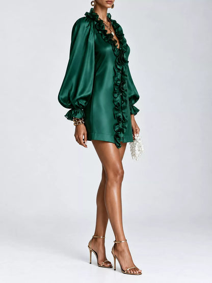 Ruffle Trim Puff Sleeve Mini Dress