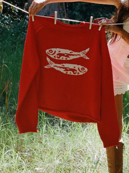 Fish Pattern Crew Neck Sweater