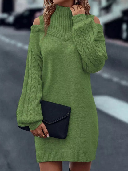 Cold Shoulder Cable Knit Mock Neck Sweater Dress