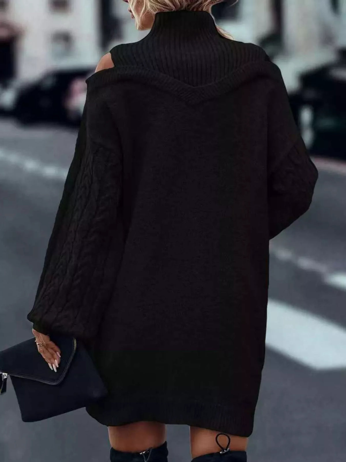Cold Shoulder Cable Knit Mock Neck Sweater Dress