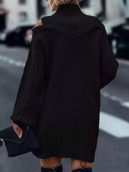 Cold Shoulder Cable Knit Mock Neck Sweater Dress
