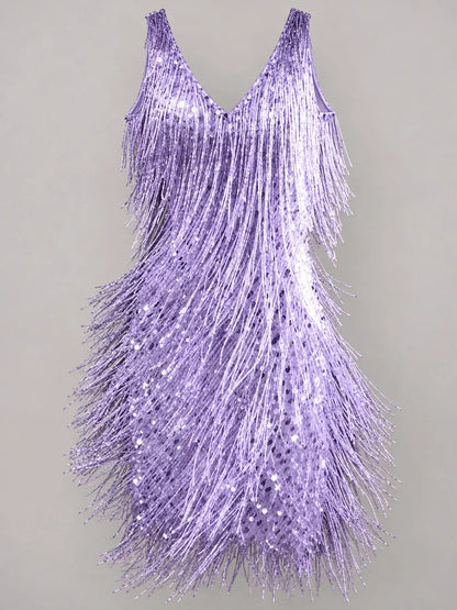 Full Size Fringe Sequin V-Neck Mini Dress Plus Size