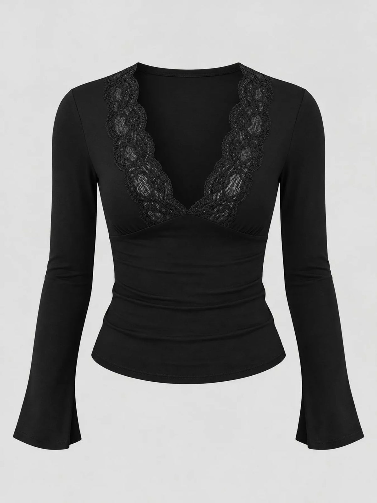 Lace Trim V-Neck Long Sleeve Slim Fit T-Shirt