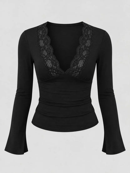 Lace Trim V-Neck Long Sleeve Slim Fit T-Shirt