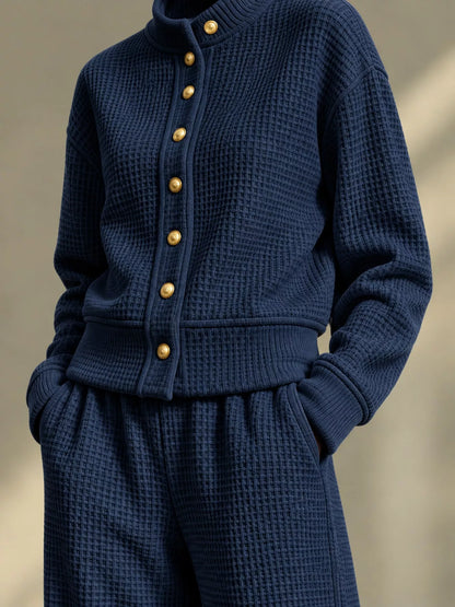 Waffle Knit Button-Up Outerwear and Wide-Leg Pants Set