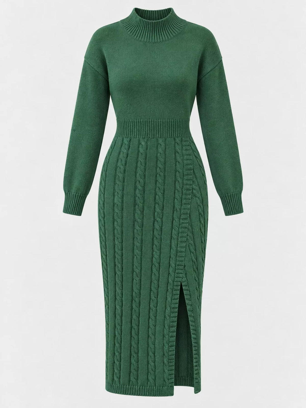 Full Size Mock Neck Cable Knit Sweater Dress with Front Slit Plus Size