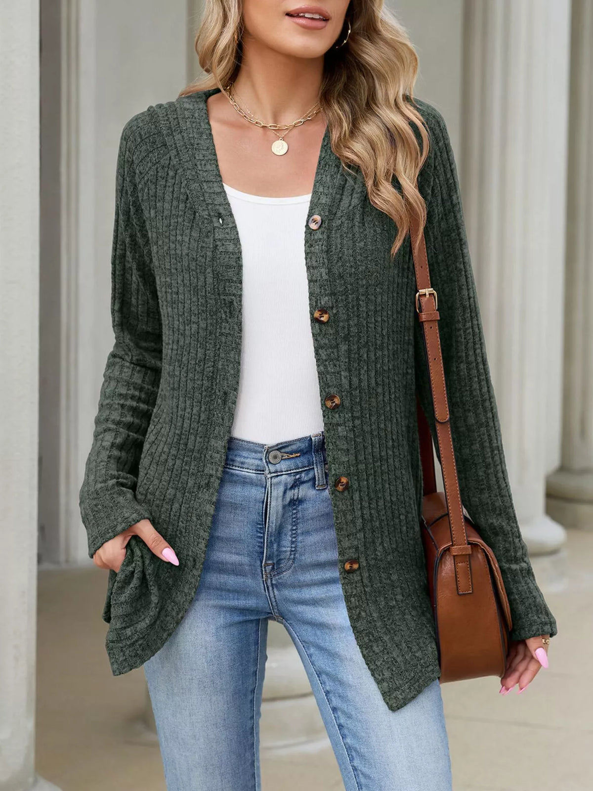 Ribbed Knit Hooded Button-Down Cardigan