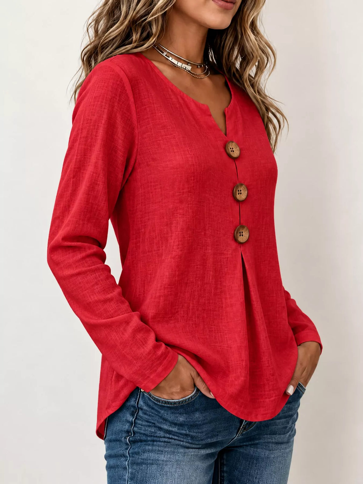 Full Size Long Sleeve Blouse with Decorative Wooden Buttons Plus Size