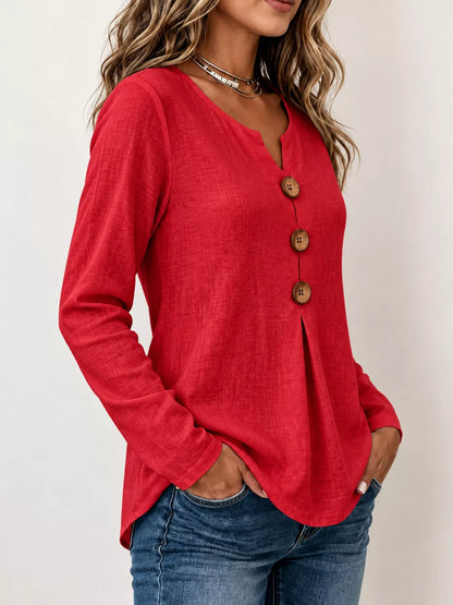 Full Size Long Sleeve Blouse with Decorative Wooden Buttons Plus Size