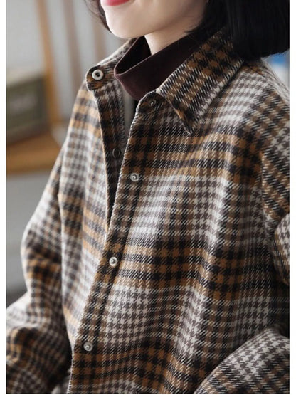 Oversized Plaid Long Sleeve Brushed Shirt with Fleece Lining