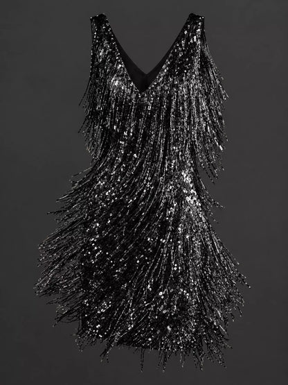 Full Size Fringe Sequin V-Neck Mini Dress Plus Size